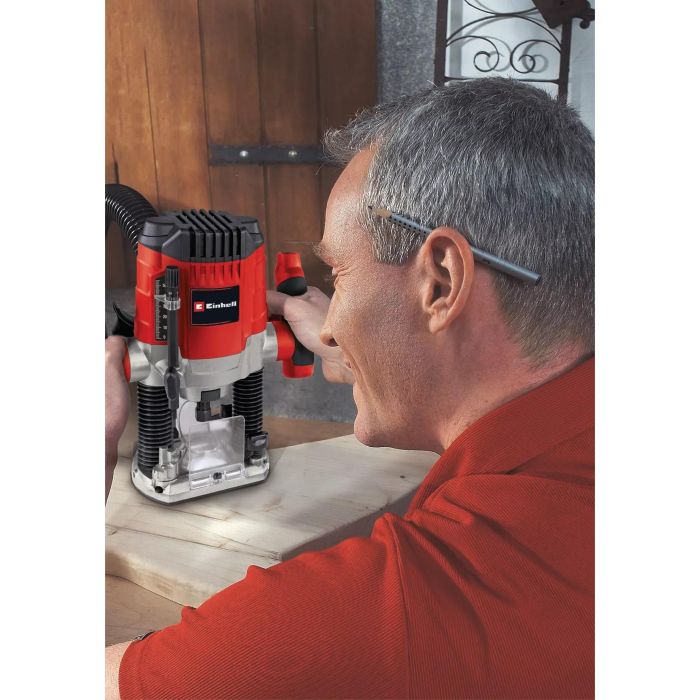 Einhell TC-RO 1155 E Fresadora de Superficie 1100W, Velocidad 11000-30000 RPM, Portaherramientas 6/8mm, Negro/Rojo 2