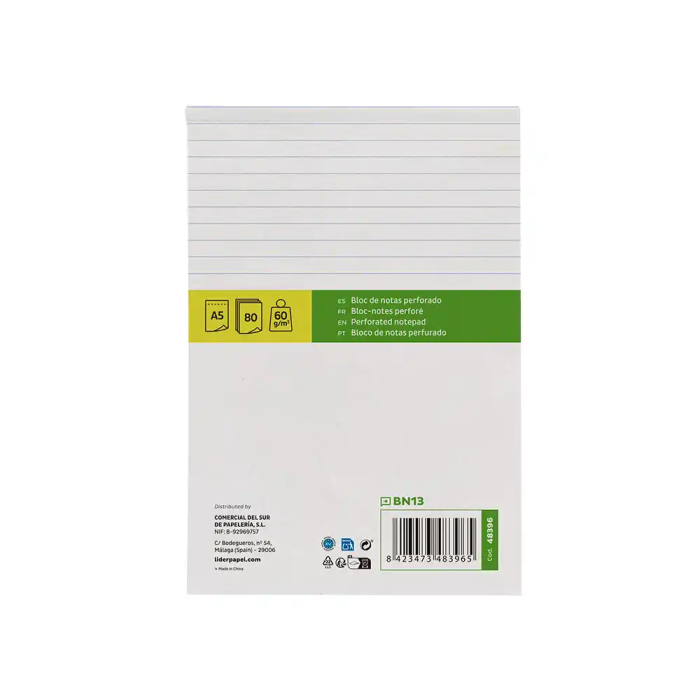 Liderpapel Bloc de notas horizontal A5 80 hojas 60 g/m² perforado 2 Liderpapel Bloc de notas horizontal A5 80 hojas 60 g/m² perforado 2