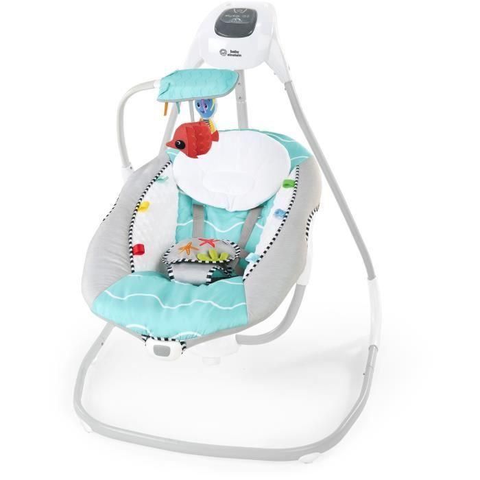 BABY EINSTEIN Columpio Ocean Explorers, ligero y compacto, asiento giratorio 180°, juguetes incluidos, modelo Curious Comfort