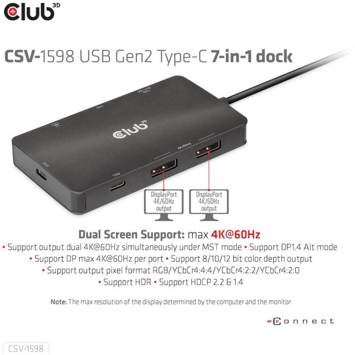 Club3D CSV-1598 Hub USB-C 7 en 1: 2xDisplayPort 4K60Hz, 2xUSB, 2xUSB-C, LAN Gigabit Ethernet, PD 100W 2 Club3D CSV-1598 Hub USB-C 7 en 1: 2xDisplayPort 4K60Hz, 2xUSB, 2xUSB-C, LAN Gigabit Ethernet, PD 100W 2