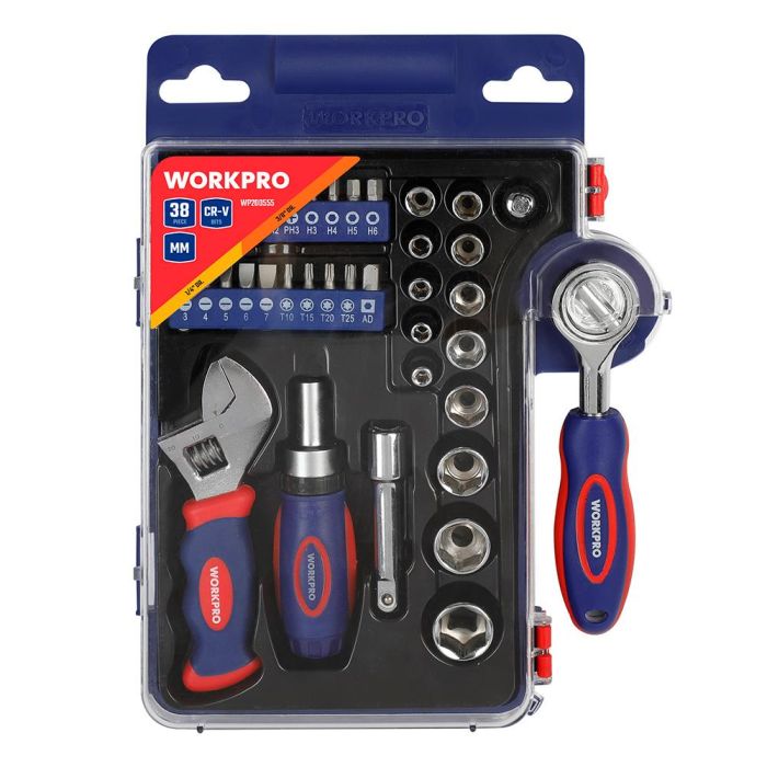 Workpro Vasos con Carraca, Mango y Llave Ajustable, 38 Piezas: Incluye Puntas, Vasos Métricos y Accesorios de Almacenamiento 5
