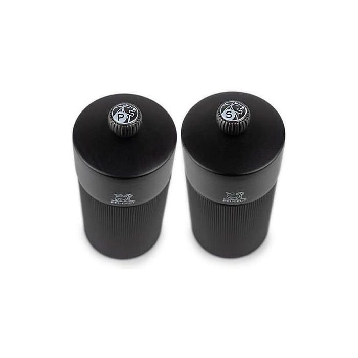 PEUGEOT Line Night Chic Salero y Pimentero Negro de Madera y Metal, Acero Inoxidable, Molienda Ajustable, 12 cm (120 mm) - Juego de 2 - 43285