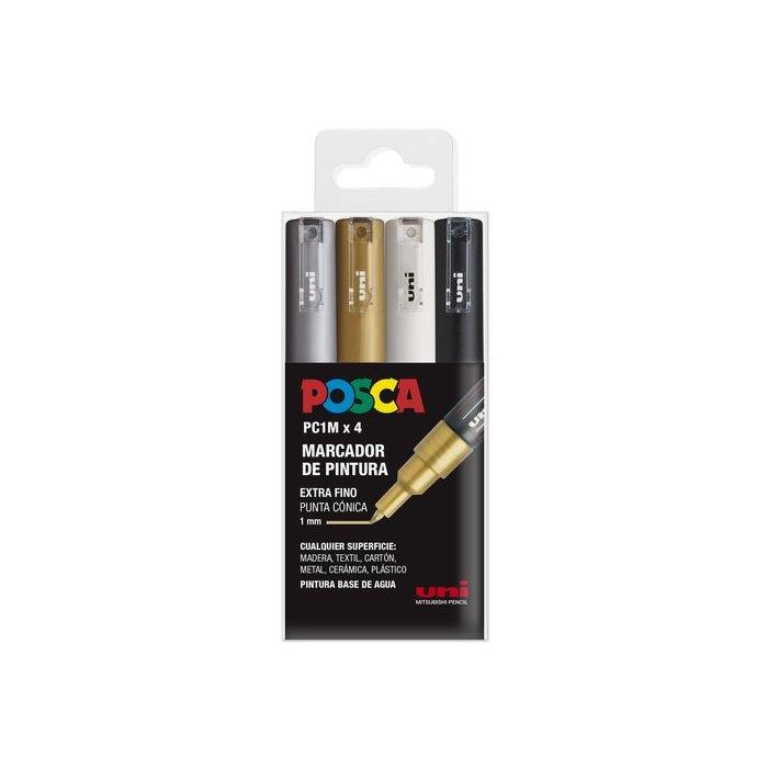 POSCA Pc-1M-4C Estuche 4 Marcadores No Permanentes Punta Fina 0.7 mm, Colores Surtidos Metálicos