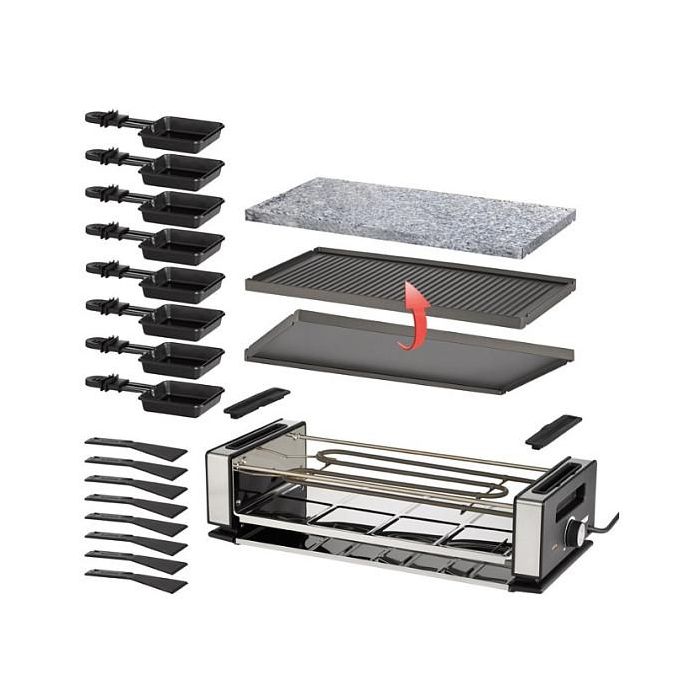 UNOLD Tischgrill Raclette Delice Basic 48760, para 8 personas, 2 placas antiadherentes desmontables, potencia 1200W, termostato ajustable, color negro y acero inoxidable 6