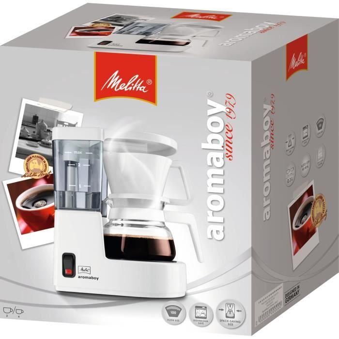 Melitta 1015-01 Cafetera de Goteo Aromaboy 2 tazas (0,25L) Blanca con jarra de vidrio, apagado automático y temperatura óptima 1 Melitta 1015-01 Cafetera de Goteo Aromaboy 2 tazas (0,25L) Blanca con jarra de vidrio, apagado automático y temperatura óptima 1