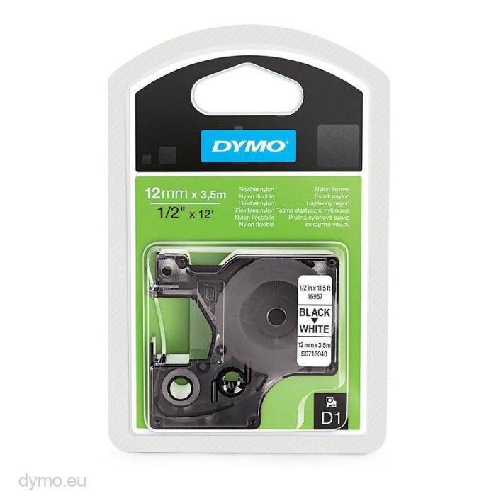 Dymo 16957 Cinta de Transferencia Térmica D1, Negro Sobre Blanco, 12mm x 3.5m, Etiquetas Nylon Flexible