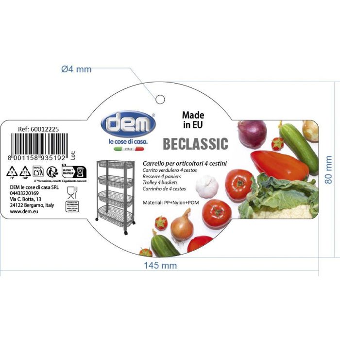 Inde Carrito Verdulero 4 Cestos Beclassic 25.8 cm Ancho x 14.1 cm Alto x 46.9 cm Largo (6 Unidades) 1 Inde Carrito Verdulero 4 Cestos Beclassic 25.8 cm Ancho x 14.1 cm Alto x 46.9 cm Largo (6 Unidades) 1
