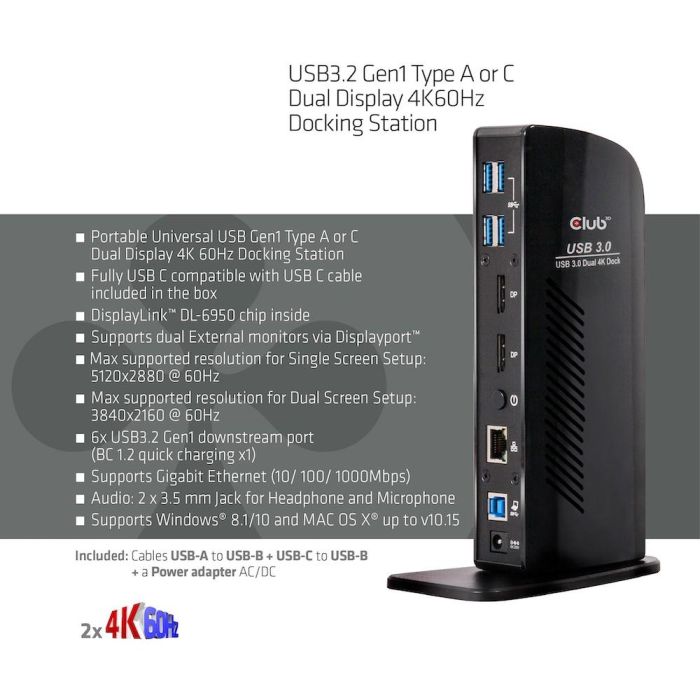 Club3D CAC-1507 Docking Station Dual Display 4K 60Hz USB-C/USB 3.0 con 2xDP/6xUSB/LAN/Audio Negro 3 Club3D CAC-1507 Docking Station Dual Display 4K 60Hz USB-C/USB 3.0 con 2xDP/6xUSB/LAN/Audio Negro 3
