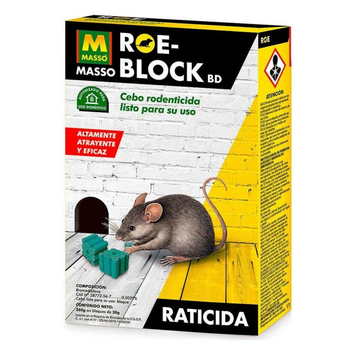 Massó 231534 Raticida Roe-Block Plus Cebo en Bloque 260g - Elimina Ratas, Ratones y Topillos, Uso Interior/Exterior