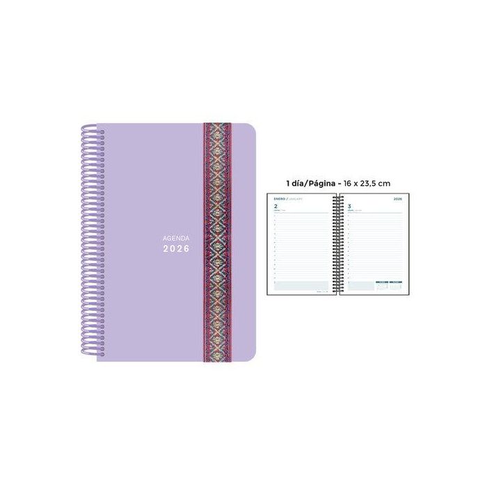 Agenda Anual (2026) Senfort Pastel Espiral Tapa Pp Con Goma Decorada 160X235 D/P Lila