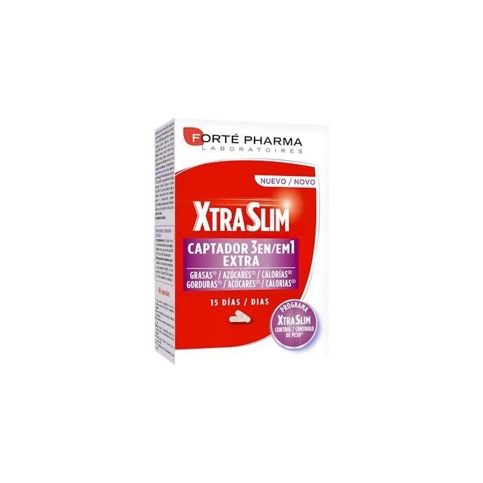 Forté Pharma XTRASLIM CAPTADOR 3 en 1 Extra: Control Peso, Captagrasas y Bloquea Azúcar con LipoCapt, Gymnema, Cromo, 60 cápsulas