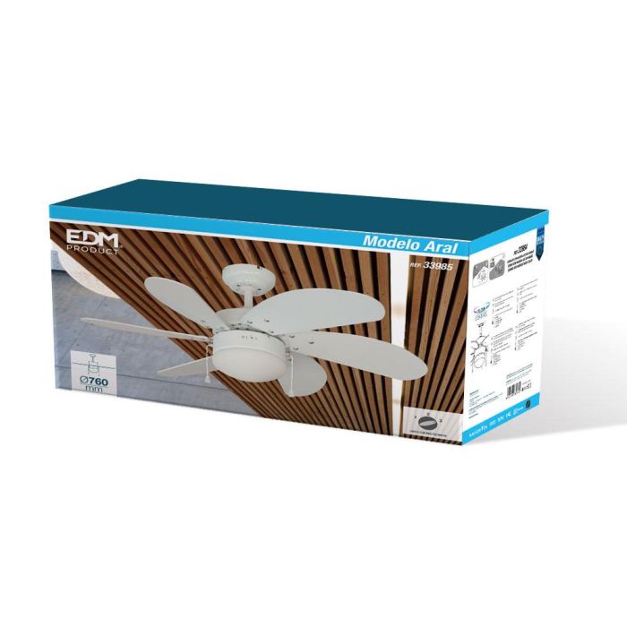 Ventilador de techo modelo aral. color blanco. potencia: 50w aspas: ø76cm edm 3