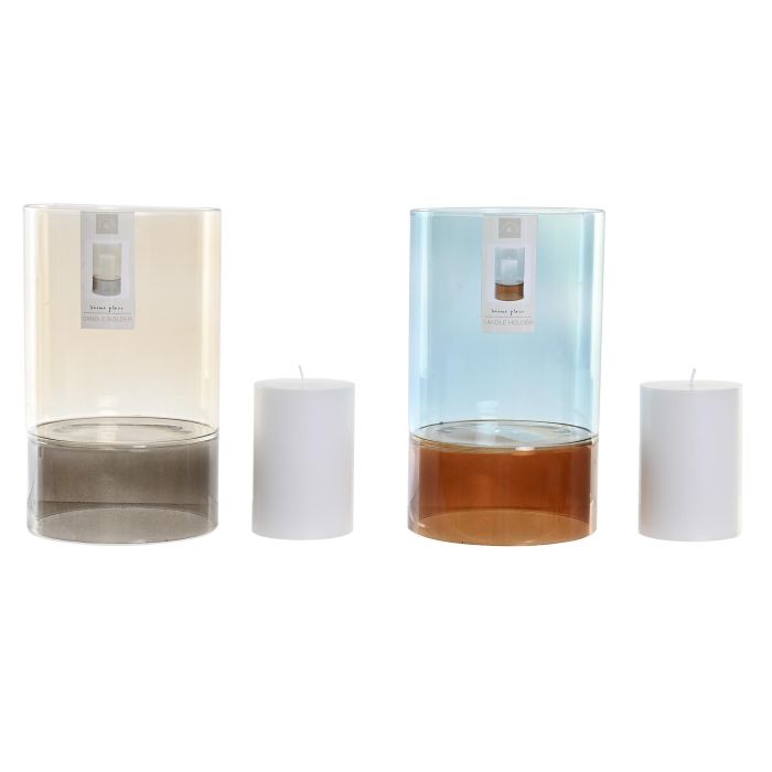 DKD Home Decor Portavelas Urban Set de 2 con Vela de Cristal Gris y Azul 13x13x21 cm 4