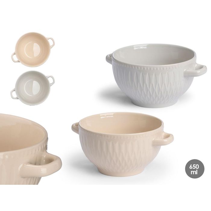 Vessia Tazón Consomé con Asas de Cerámica Loza, Surtido 2 Colores (Beige/Gris), 650 ml, 19x8.5x14 cm (24 Unidades)