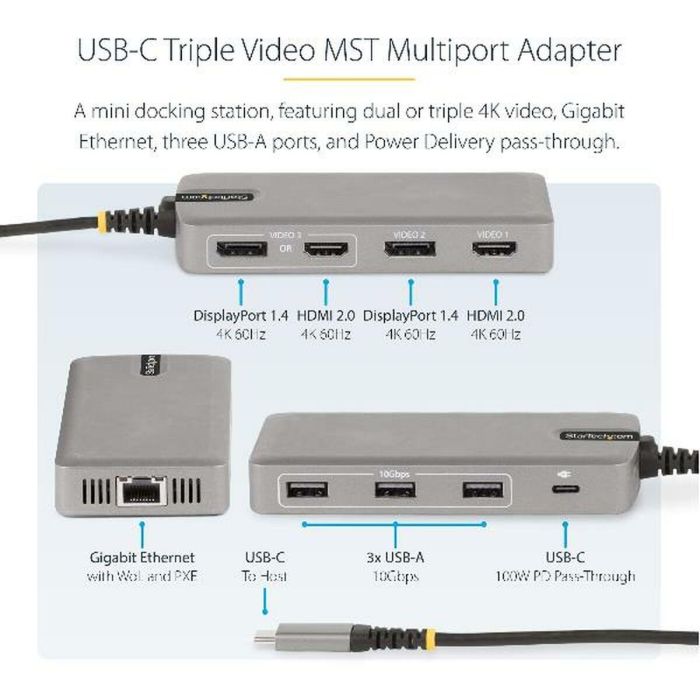 Hub USB-C Startech 117B-USBC-MULTIPORT Gris 100 W 1 Hub USB-C Startech 117B-USBC-MULTIPORT Gris 100 W 1