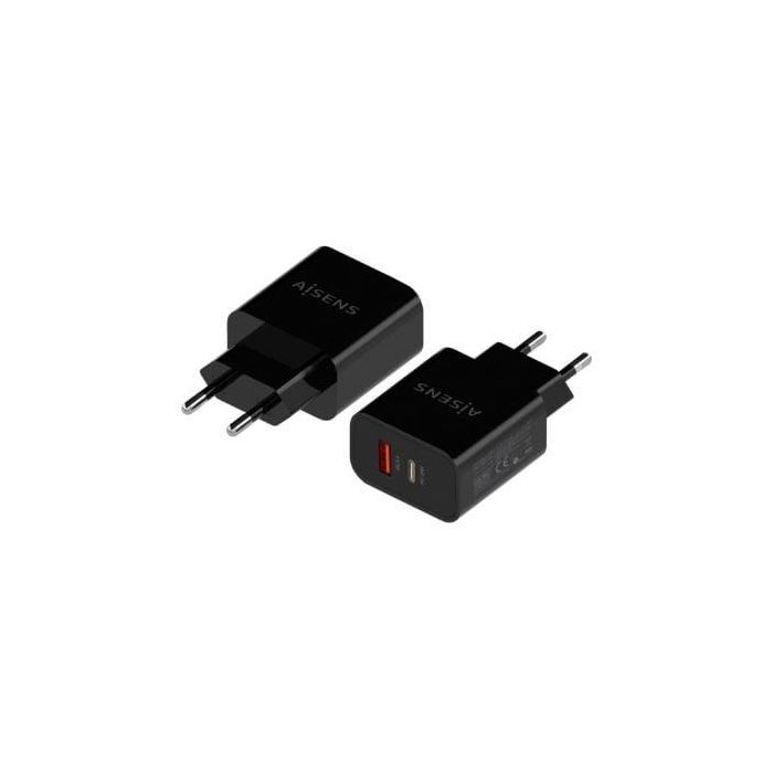 Aisens Cargador 1XUSB-C PD3.0, 1XUSB-A QC3.0 20W Negro, Carga Rápida PD3.0 y QC3.0 1