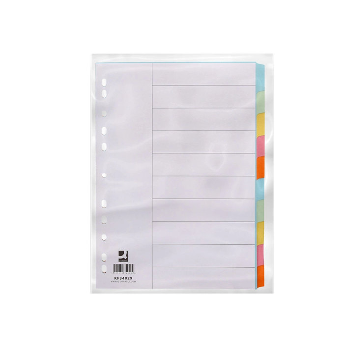 Q-connect Separadores DIN A4 Multitaladro Cartulina, Juego de 10 Unidades, Pestañas Colores Pastel 10