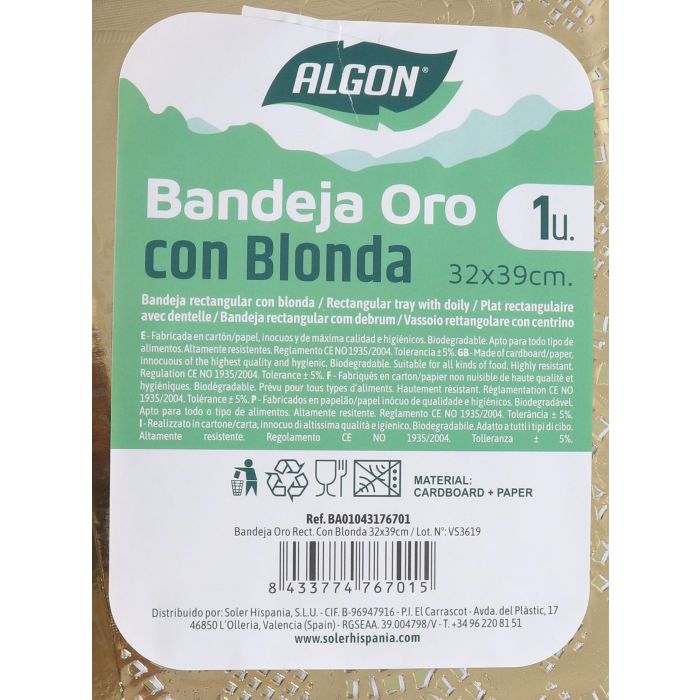 Bandeja rectangular en oro con blonda Algon 32x39 cm (36 Unidades) 1 Bandeja rectangular en oro con blonda Algon 32x39 cm (36 Unidades) 1