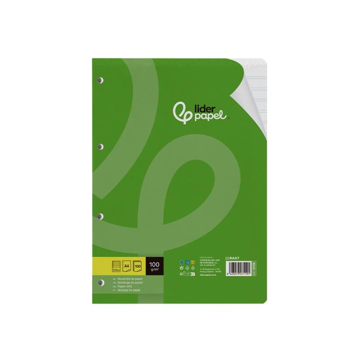 Recambio Liderpapel A4 100 Hojas 100 gr-M2 Pauta 5ª 2.5 mm Con Margen 4 Taladros 1