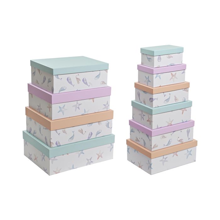 DKD Home Decor Caja Kids de Almacenaje Cartón Ballenitas Azul Lila 33.5x15.5x43.5 cm Set 10 Piezas