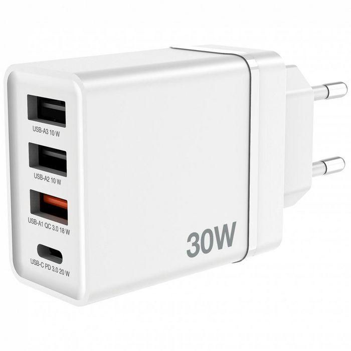 Verbatim Cargador de Pared Gan 30W con 1x USB-C PD y 3x USB-A QC 3.0/10W 4