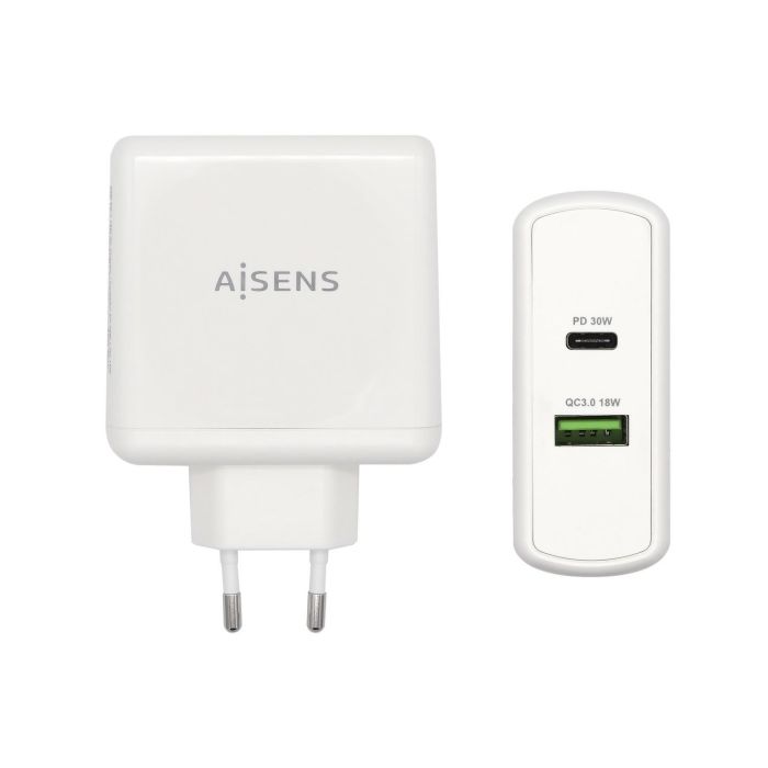 Aisens Cargador 48W 1xUSB-C PD3.0 30W 1xUSB-A QC3.0 18W Blanco