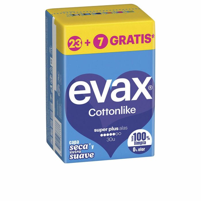 Evax COTTONLIKE Compresas Super Plus con Alas, Protegidas contra Olores y Absorción Rápida para Flujo Abundante, 30 unidades