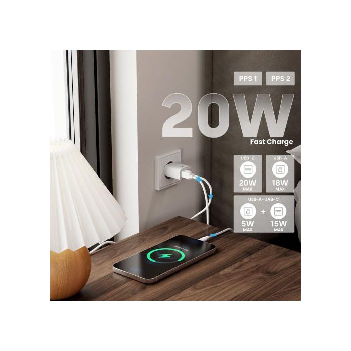Ewent EW1321_R1 Cargador Universal 20W Carga Rápida USB-C PD PPS QC3.0 USB-A GaN Blanco para iPhone y Android 7 Ewent EW1321_R1 Cargador Universal 20W Carga Rápida USB-C PD PPS QC3.0 USB-A GaN Blanco para iPhone y Android 7