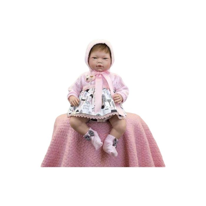 Muñeca reborn laura, vestido con dibujos , lana rosa y capota, con pelo especial moeno 46cm Muñeca reborn laura, vestido con dibujos , lana rosa y capota, con pelo especial moeno 46cm