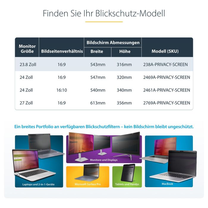 StarTech.com Filtro de Privacidad para Monitor 23.8" (60.5 cm) 16:9 - Acrílico, Anti-Huellas, Filtro Luz Azul, Ángulo +/-30°, Instalación Colgante, Universal 3