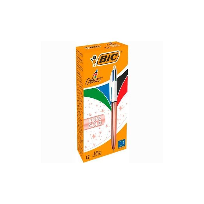 Bic Bolígrafo 4 Colores Rose Gold - Azul, Negro, Rojo, Verde - Cuerpo Blanco-Rosa Metálico - Caja 12 Ud
