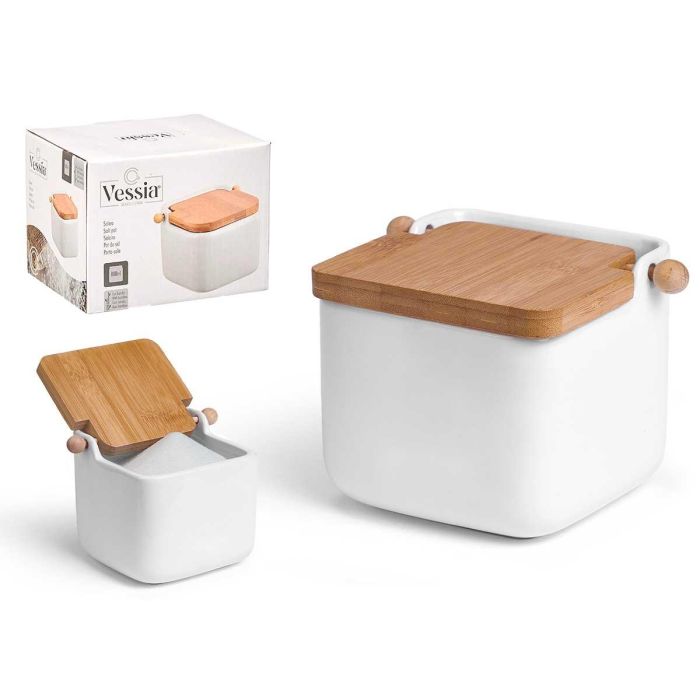 Salero de Cerámica Blanco con Tapa de Bambú Vessia 14 x 10.5 x 11.5 cm (6 Unidades) Salero de Cerámica Blanco con Tapa de Bambú Vessia 14 x 10.5 x 11.5 cm (6 Unidades)