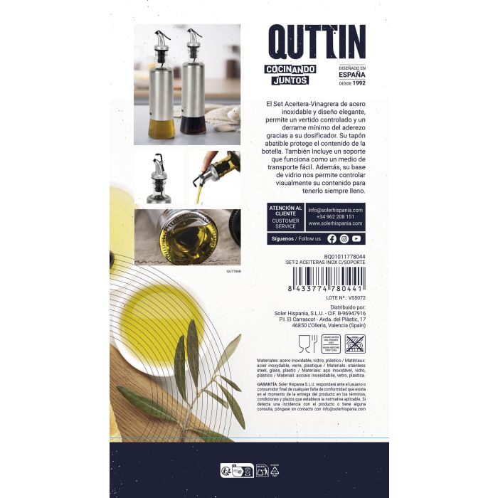 Quttin Set 2 Aceiteras de Acero Inoxidable con Soporte - 9.5 x 27.7 x 17.8 cm (8 Unidades) 10
