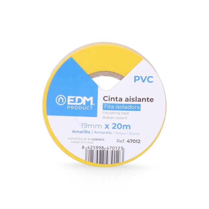 Edm Cinta aislante calidad supra amarilla 19 mm x 20 m PVC resistente a la intemperie para electricidad 1