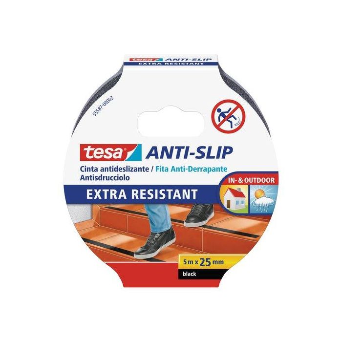 Tesa Cinta Antideslizante Negra 25 mm x 5 m para superficies resbaladizas y seguridad en el hogar o trabajo