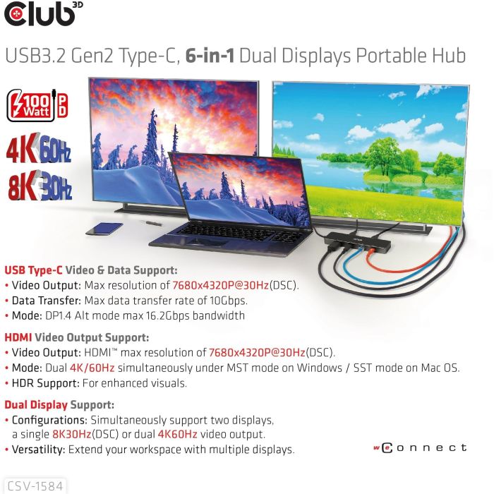 Club3D USB-C 6in1-HUB >HDMI/2xUSB-C/2xUSB/LAN 8K30Hz PD100W 8 Club3D USB-C 6in1-HUB >HDMI/2xUSB-C/2xUSB/LAN 8K30Hz PD100W 8