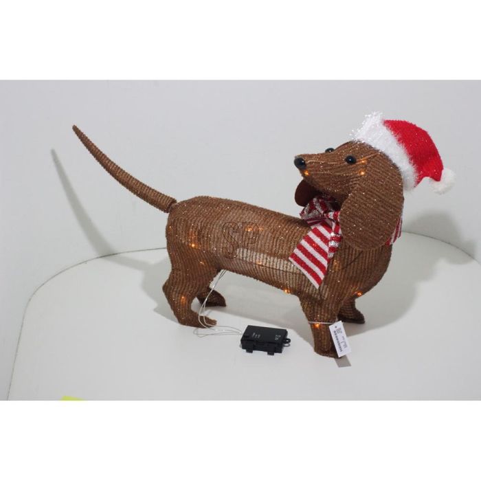 Basics Figura Perro con Gorro Navidad Marrón, 40 LEDs Luz Cálida, a Pilas AA, Temporizador, 70 cm