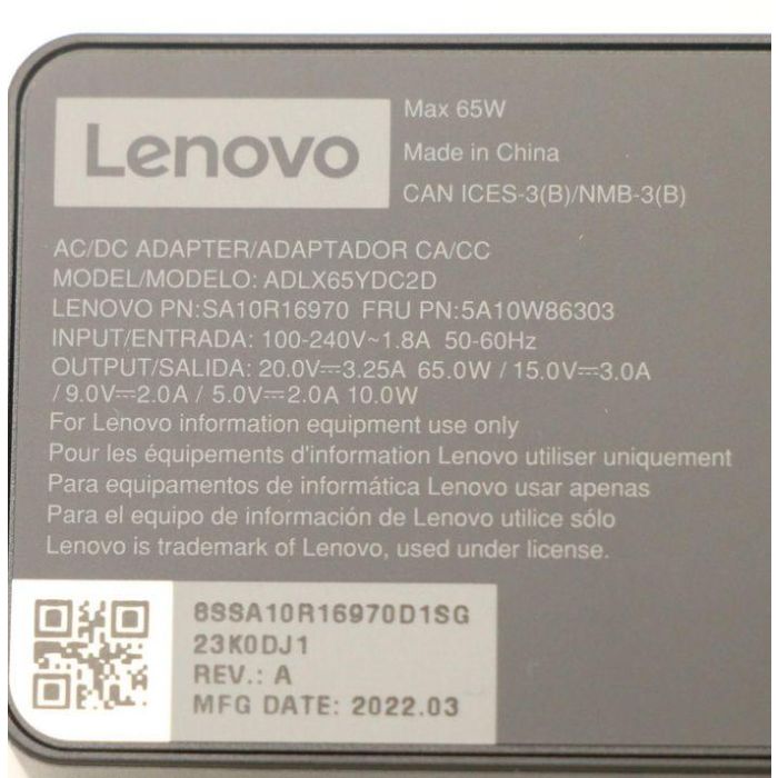 Lenovo 65W AC power adapter with multiple output voltages (20V, 15V, 9V, 5V), designed for Lenovo laptops, compact and portable. 13 Lenovo 65W AC power adapter with multiple output voltages (20V, 15V, 9V, 5V), designed for Lenovo laptops, compact and portable. 13