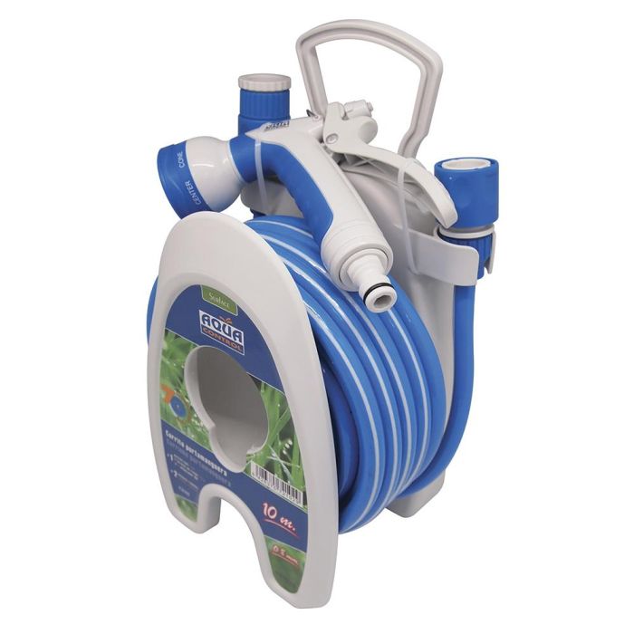 Aqua Control Carrito Portamanguera Especial Terrazas 10m PVC con Pistola 7 Formas Riego, 2 Conectores y Adaptador 4