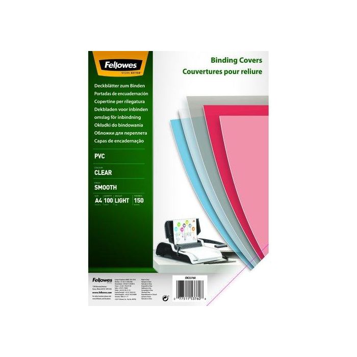 Fellowes Tapas de Encuadernación DIN A4 PVC 150 micras Transparente - Pack de 100 unidades para espiral, canutillo o anillas