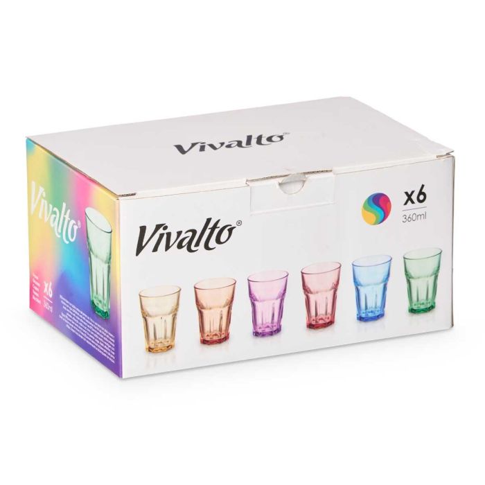 Vaso de Vidrio Vivalto 360 ml - Pack de 6 Colores (Amarillo, Azul, Naranja, Morado, Rosa, Verde) - 8.5x12x8.5 cm (24 Unidades) 2 Vaso de Vidrio Vivalto 360 ml - Pack de 6 Colores (Amarillo, Azul, Naranja, Morado, Rosa, Verde) - 8.5x12x8.5 cm (24 Unidades) 2