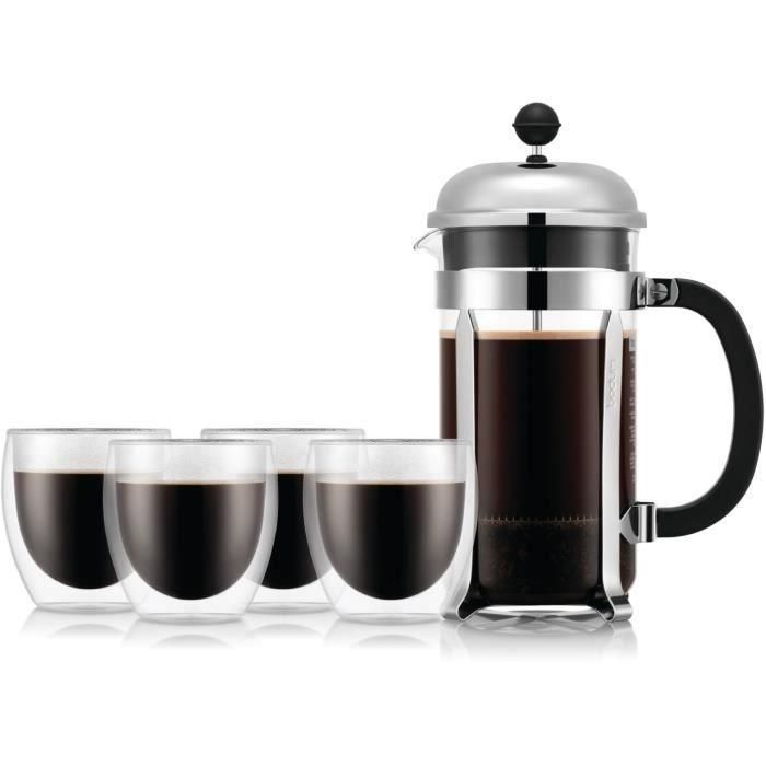 Cafetera de prensa francesa - BODUM - CHAMBORD SET - 8 tazas 1,0 l + 4 vasos PAVINA doble pared 25 cl Cafetera de prensa francesa - BODUM - CHAMBORD SET - 8 tazas 1,0 l + 4 vasos PAVINA doble pared 25 cl