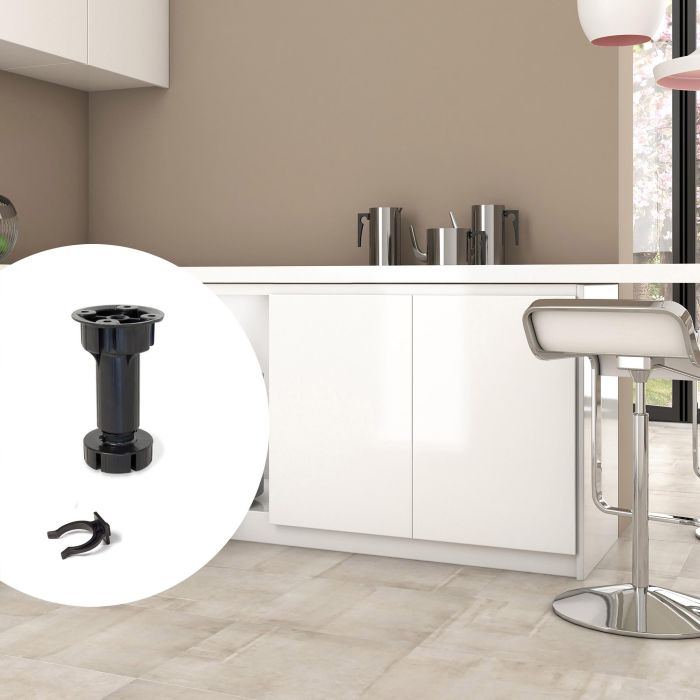 Emuca Lote de 10 kits de pies niveladores para mueble Bone, con base premontada, altura 150mm, regulable 148-165mm, Plástico, Negro 2 Emuca Lote de 10 kits de pies niveladores para mueble Bone, con base premontada, altura 150mm, regulable 148-165mm, Plástico, Negro 2