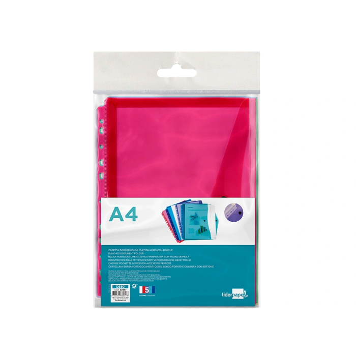 Liderpapel 36669 Carpeta Dossier Broche Polipropileno Din A4 Pack 5 Colores Surtidos Transparente Multitaladro 9