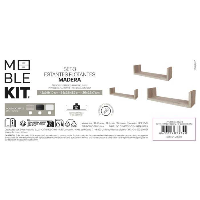 Set-3 Estante Flotante 42/34/26 Oak Moblekit (6 Unidades) 3 Set-3 Estante Flotante 42/34/26 Oak Moblekit (6 Unidades) 3
