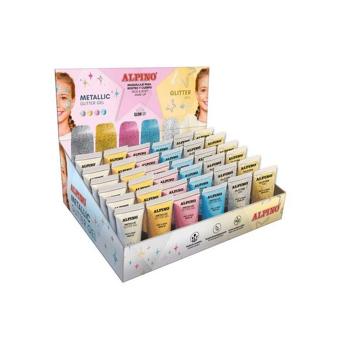 Alpino Expositor Maquillaje Gel Glitter Metálico y Glitter Gel 24 + 12 Surtidos - Ideal para Profesionales y Particulares