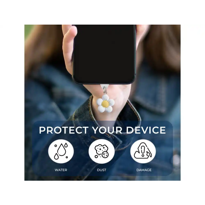 Wondee Charm Funny Protegepuertos Móvil con Colgante Floral Blanco para Tipo-C - Protección Contra Polvo y Decoración para Smartphone