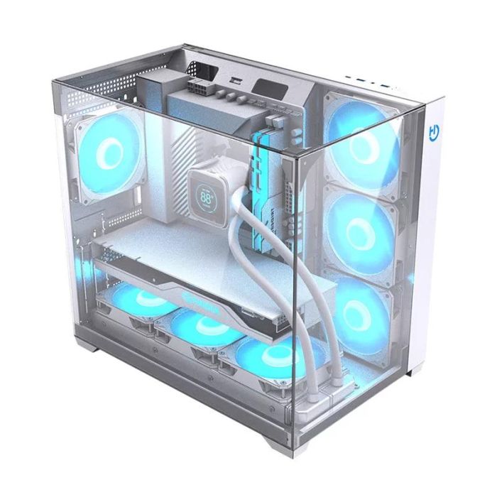 Hiditec CHA010057 Caja Gaming Semitorre SKY Blanco con 3 Paneles de Cristal Templado, Doble Cámara, Soporte Refrigeración Líquida 360mm y USB-C ATX 1