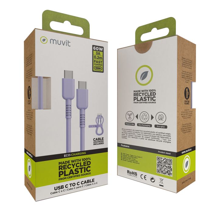 muvit for change cable Tipo C a Tipo C 3A/60W 0.2m lavanda 3 muvit for change cable Tipo C a Tipo C 3A/60W 0.2m lavanda 3