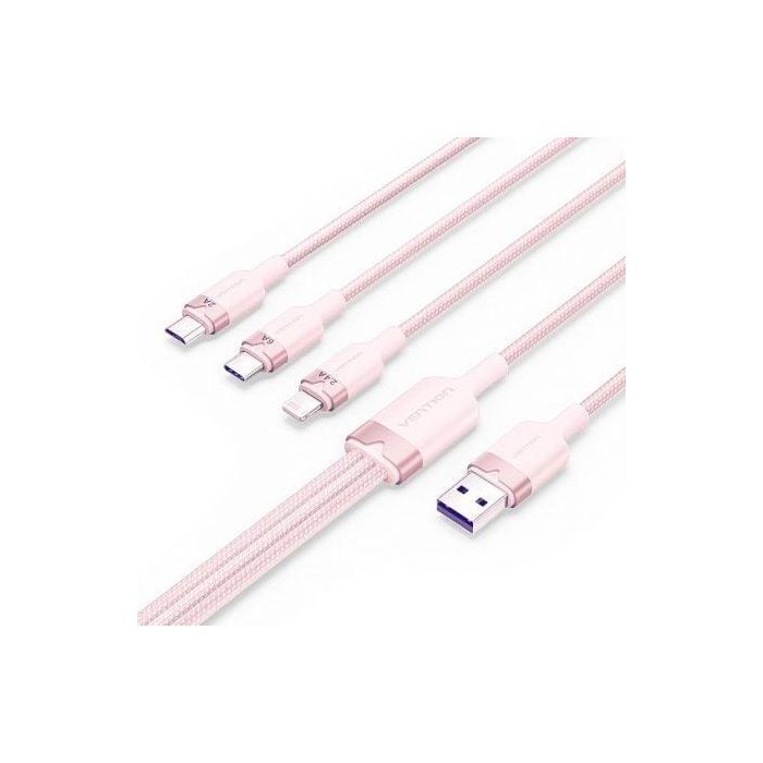 Vention CTRPG Cable USB 2.0 3 en 1: USB-C, MicroUSB, Lightning Macho. Carga Rápida 120W, 1.5m, Rosa